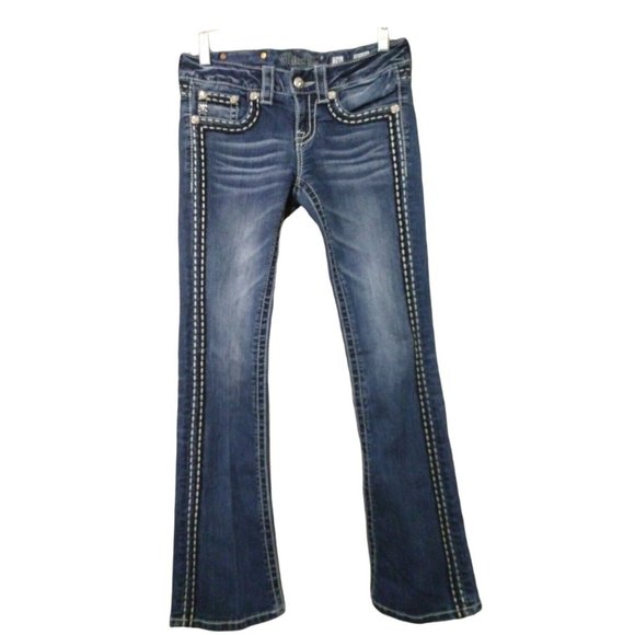 Miss Me Womens Mid-Rise Bootcut Flare Rhinestone Embellished Bling Blue Jeans 26 - Picture 4 of 12